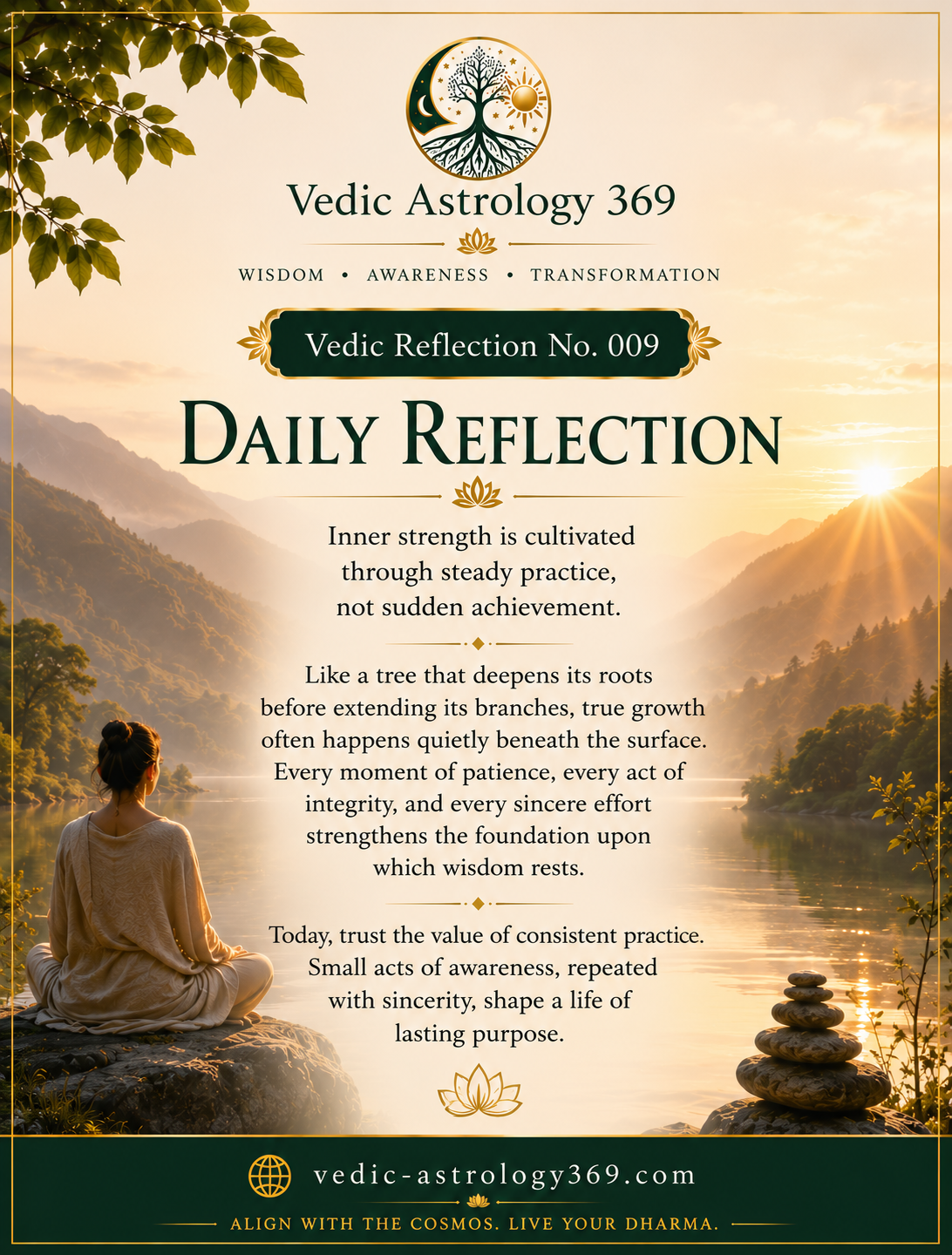 Vedic Reflection No.009 from Vedic Astrology 369, showing a person meditating beside a mountain lake at sunrise with balanced stones, symbolising inner strength, steady practice and patient growth.