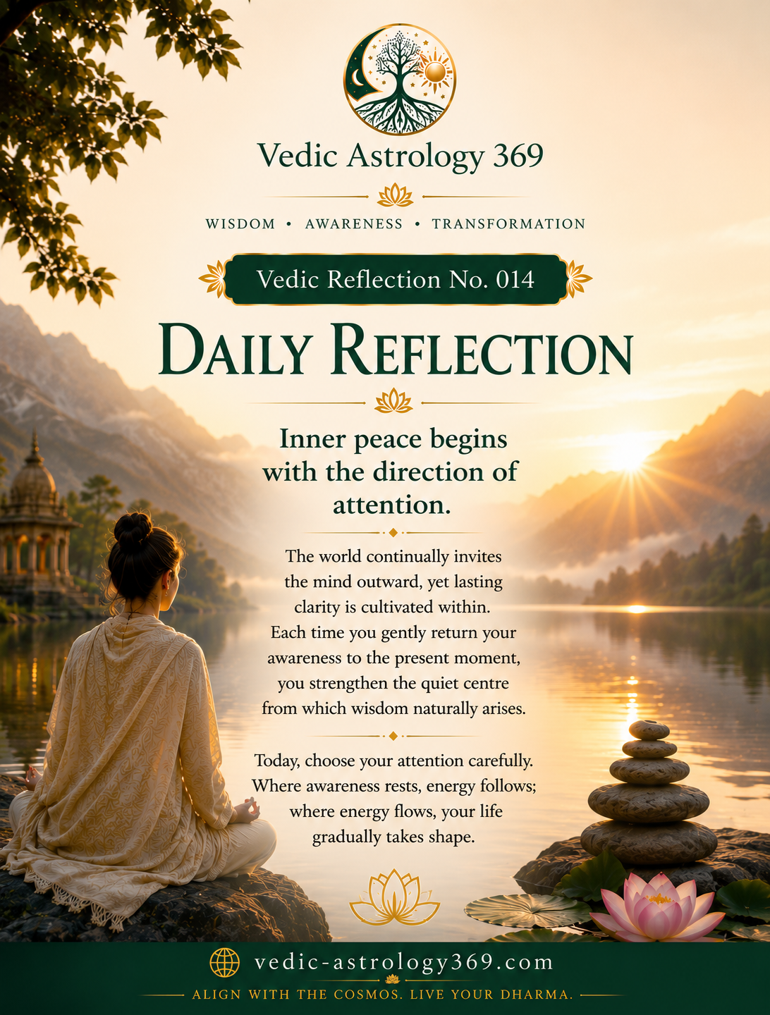 Vedic Reflection No.014 from Vedic Astrology 369 showing a woman meditating beside a peaceful mountain lake at sunrise, with stacked stones, a lotus flower and temple, accompanying a reflection on inner peace, attention, awareness and conscious direction.