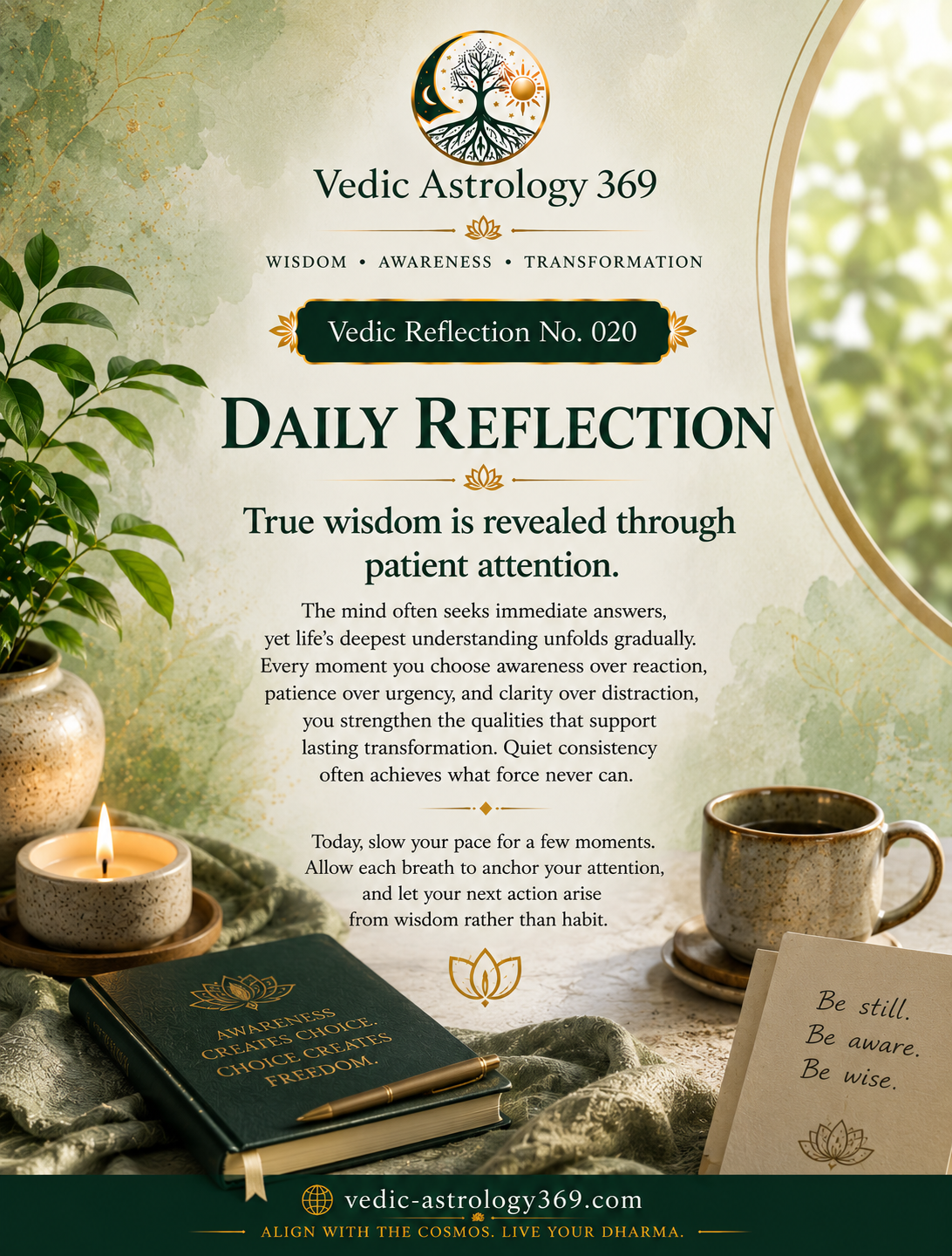 Vedic Reflection No.020 from Vedic Astrology 369, featuring a peaceful contemplative setting with green foliage, a candle, ceramic cup, journal and soft natural light, accompanying a reflection on patient attention, awareness and allowing wisdom to arise before action.