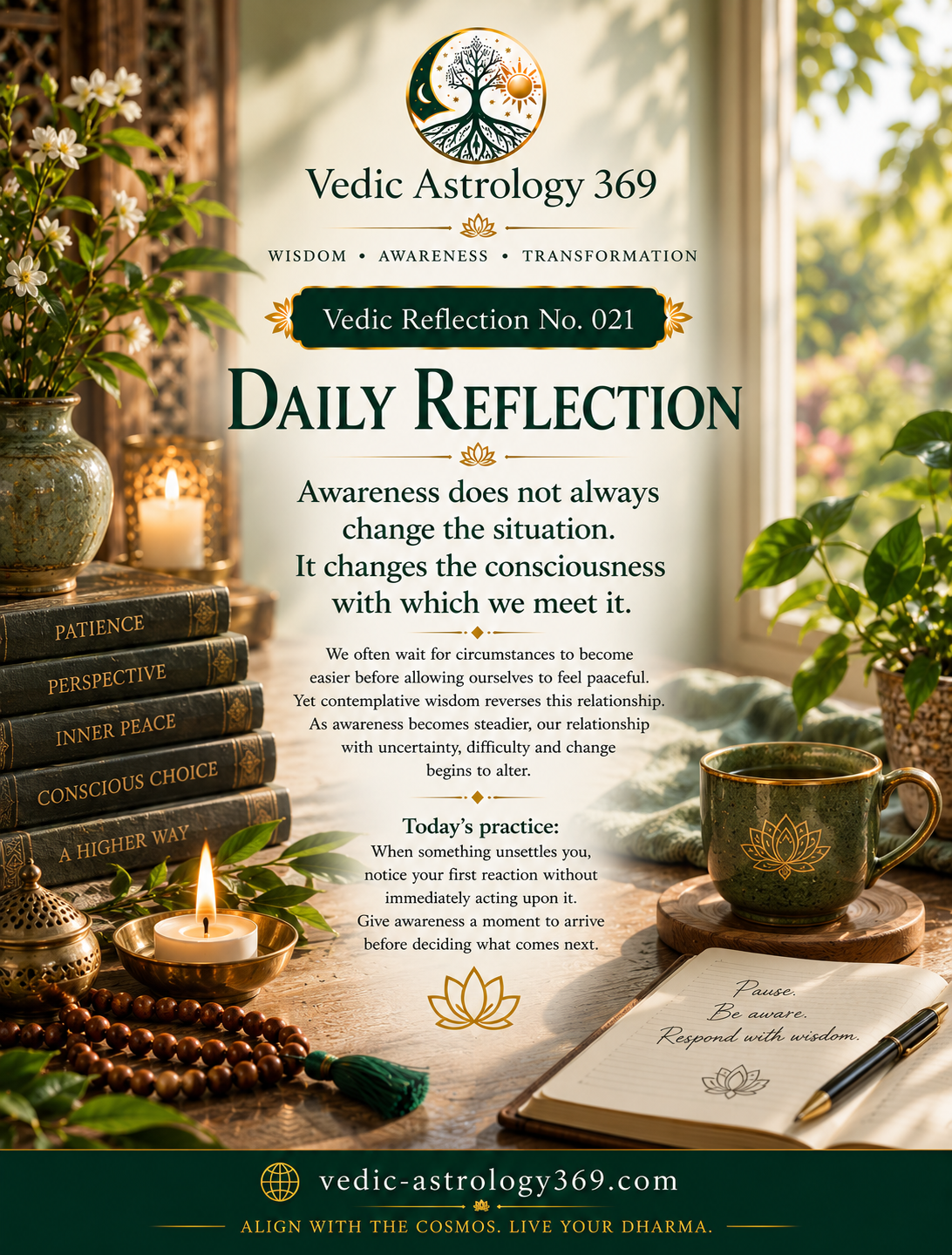 Vedic Reflection No.021 from Vedic Astrology 369, featuring a peaceful botanical interior with books representing patience, perspective, inner peace and conscious choice, alongside a candle, prayer beads, journal and lotus cup, accompanying a reflection on awareness and changing how we meet difficult circumstances.
