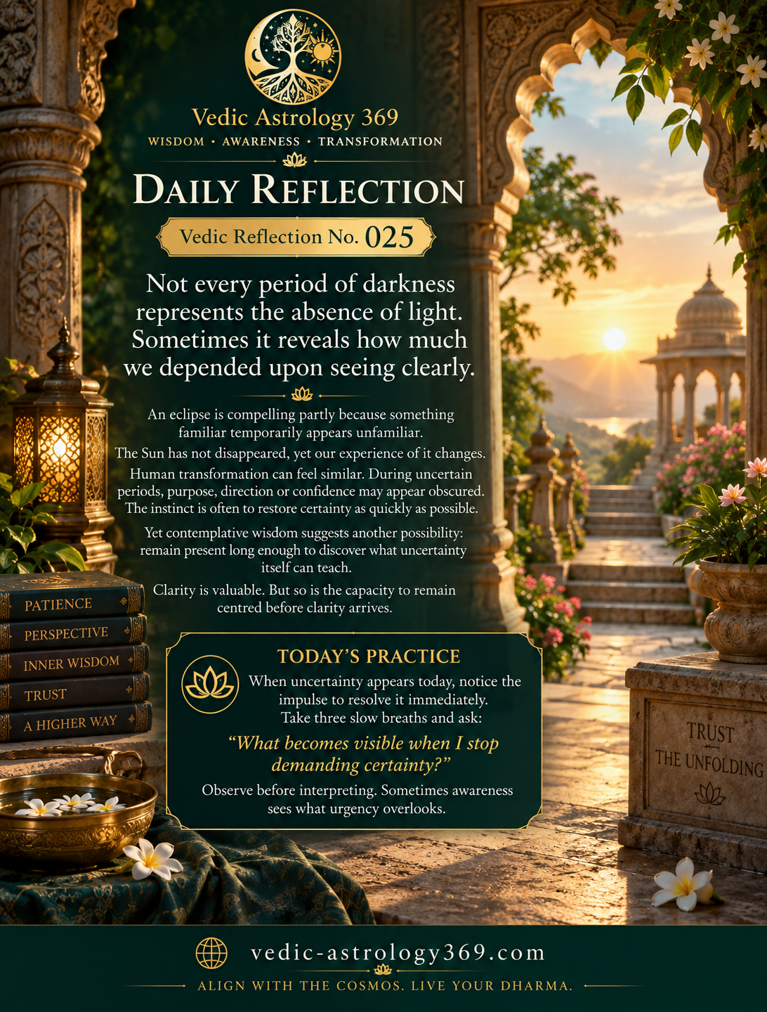 Vedic Reflection No.025 by Vedic Astrology 369, featuring a serene green-and-gold temple terrace at sunrise with carved arches, lanterns, flowers and books, reflecting on finding wisdom and awareness during periods of uncertainty.