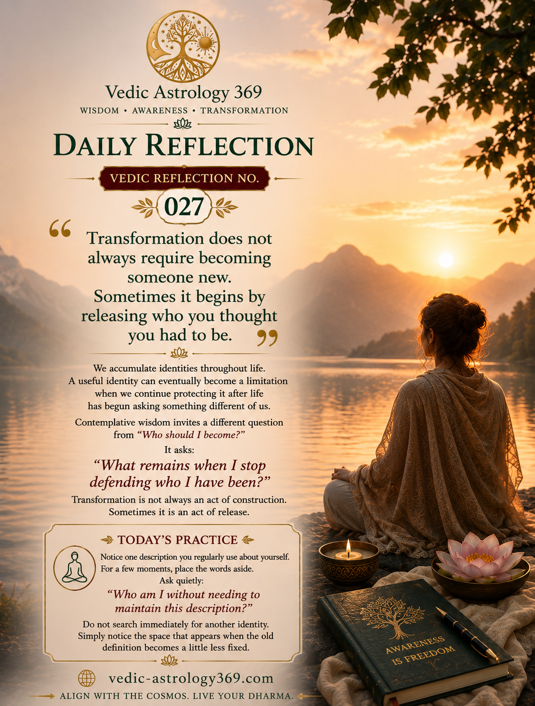 Vedic Reflection No.027 by Vedic Astrology 369, featuring a contemplative woman beside a mountain lake at sunset with a candle, lotus and Awareness journal, reflecting on transformation through releasing old identities and allowing greater inner freedom.