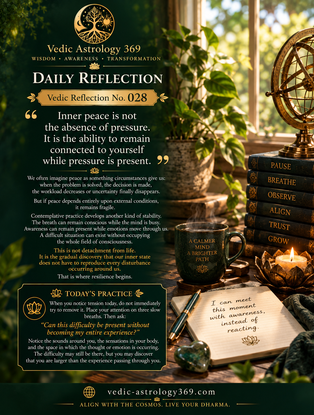 Vedic Reflection No.028 from Vedic Astrology 369, exploring how inner peace and self-awareness can remain present during pressure, with a contemplative study setting, journal, candle, plants and warm natural light.