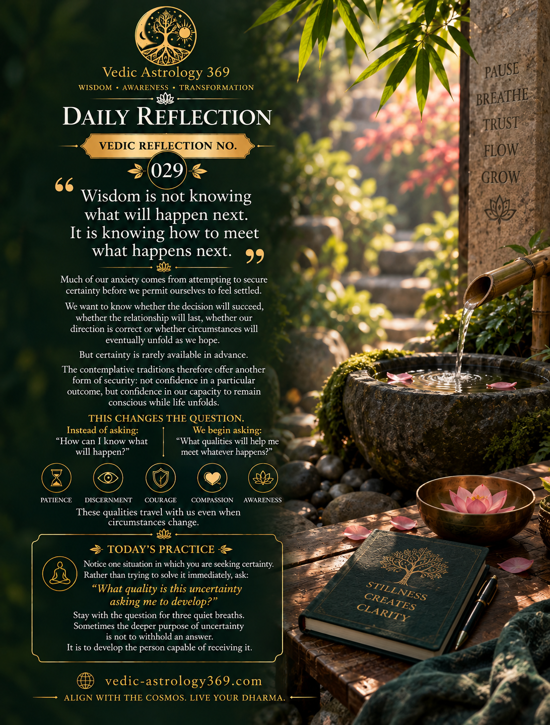 Vedic Reflection No.029 from Vedic Astrology 369 exploring wisdom and uncertainty, illustrated with a tranquil Zen garden, bamboo water feature, stone basin, lotus, journal and contemplative greenery.