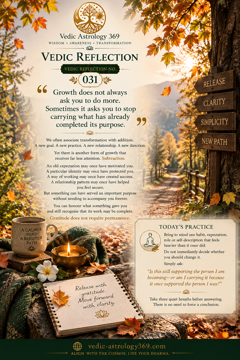 Vedic Reflection No.031 from Vedic Astrology 369, showing a peaceful autumn woodland path with falling leaves, a signpost representing release, clarity, simplicity and a new path, alongside a journal, candle and white flower, illustrating growth through letting go of what has completed its purpose.
