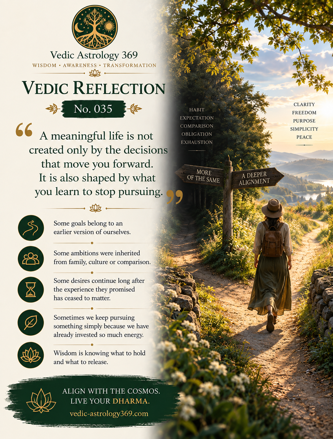 Vedic Reflection No.035 from Vedic Astrology 369, showing a traveller approaching a forked woodland path marked More of the Same and A Deeper Alignment, illustrating the wisdom of releasing pursuits that no longer serve a meaningful life.
