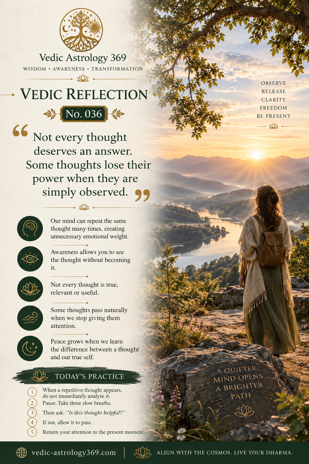 Vedic Reflection No.036 from Vedic Astrology 369, featuring a contemplative figure standing above a sunlit mountain valley, illustrating the practice of observing repetitive thoughts without automatically identifying with or obeying them.