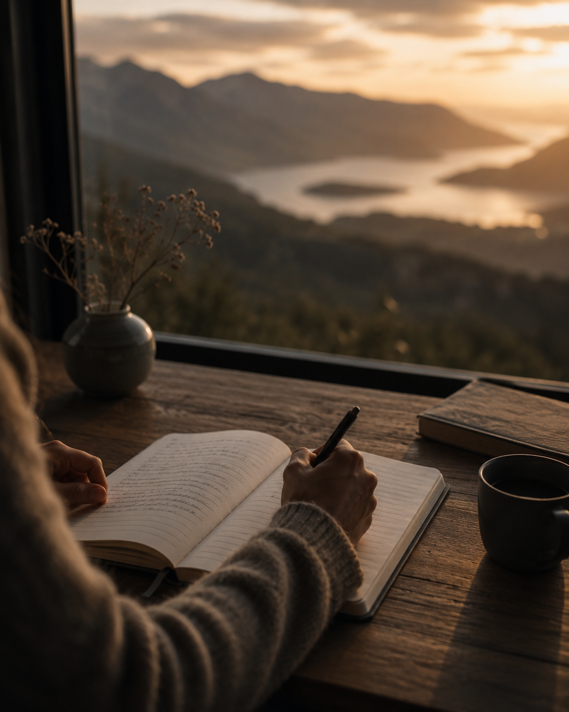 Writing in a journal at golden hour overlooking mountains and water